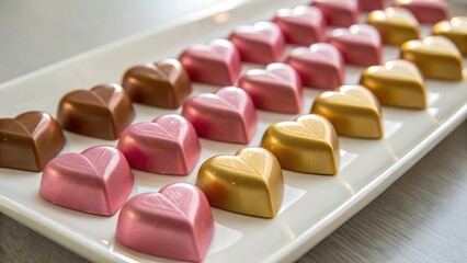 Gourmet heart shaped chocolates in pink and gold on white tray for valentines