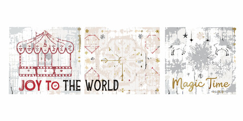 Vintage christmas triptych art with carousel reindeer and festive greetings © Bipul