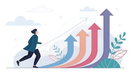 Businessman running up colorful success growth arrows illustrating career progress