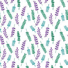 Seamless botanical pattern with stylized leaves in green and purple tones. Clean modern vector design, ideal for textiles, wallpaper, packaging, stationery, branding, eco products and surface design
