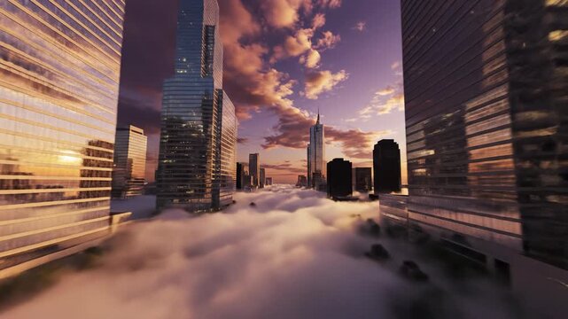 Hyper-lapse view of wispy clouds and dense rolling fog rapidly passing through the canyons of giant monolithic commercial buildings at sunset weather phenomenon, evening, time lapse