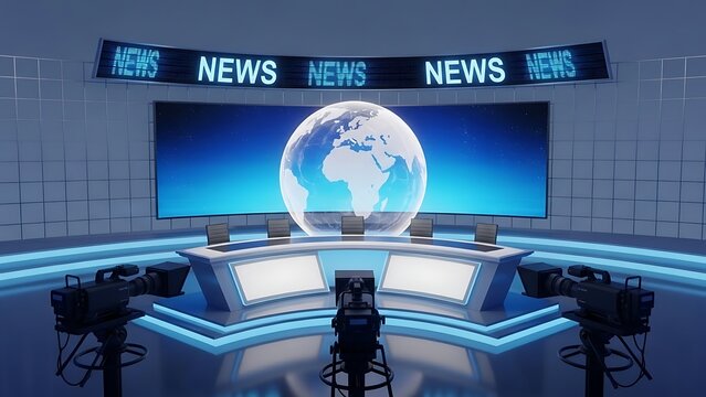 Global news broadcast studio with digital earth display