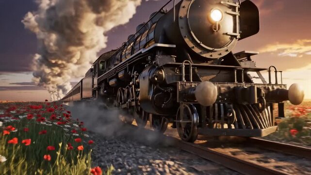 Vintage steam train chugging through vibrant poppy field at sunset.