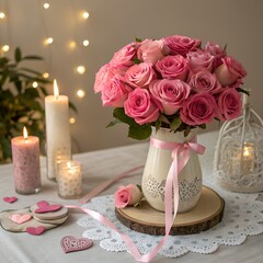 Beautiful bouquet of pink roses in vase with candles and hearts, romantic Valentine&rsquo;s Day decoration.