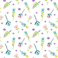 Seamless spring floral pattern with cute flowers and bees in a modern hand-drawn vector style. Perfect for fabric, wallpaper, stationery, packaging, kids products, branding and digital backgrounds