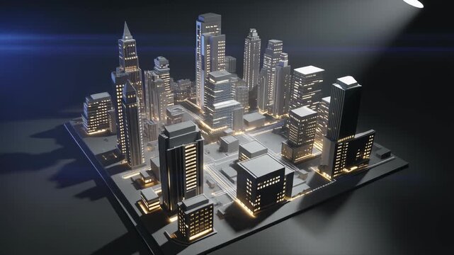 Smart city 3D architectural model illuminated section by section