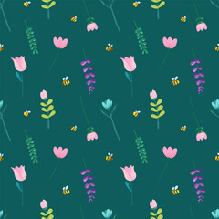 Seamless spring floral pattern with cute flowers and bees in a modern hand-drawn vector style. Perfect for fabric, wallpaper, stationery, packaging, kids products, branding and digital backgrounds