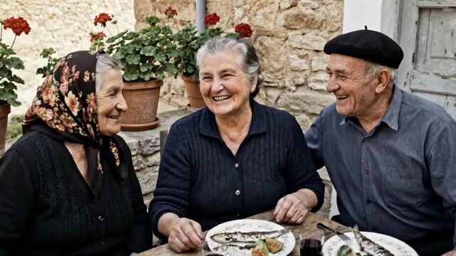 Lifestyle intervention, Blue Zones Socializing, and healthspan, three happy elderly friends share meal and genuine laughter, slow zoom in