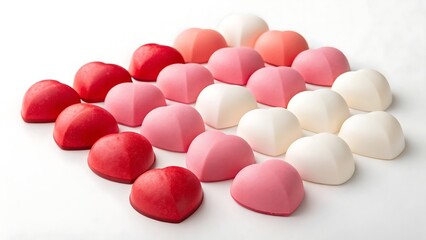 Arrangement of heart shaped chocolates in gradient colors from deep red to white on a clean background