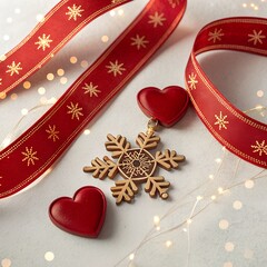 Red festive ribbon with hearts and snowflake decoration on light background, romantic holiday concept, 14 February happy Valentine&rsquo;s Day.