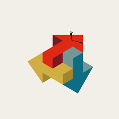 A minimalist business vector concept illustration of a professional man standing on complex 3D arrows, representing strategic choice, corporate navigation, and overcoming organizational challenges.