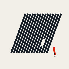 A minimalist business vector concept illustration of a person carrying a bright red piece to complete a series of black slanted lines, representing problem solving and system repair.