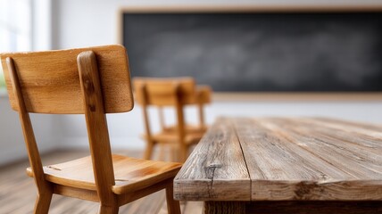 Empty classroom interior with wooden desks and student chairs, morning space silent illuminating the sunlight