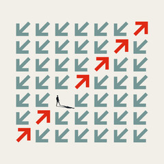 A minimalist business vector concept illustration of a figure walking along a red arrow path against a grid of teal arrows, highlighting independence and innovative leadership skills.