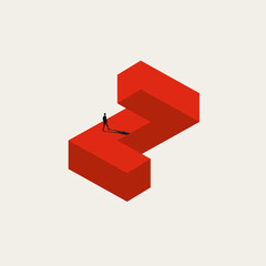 A minimalist business vector concept illustration of a professional figure walking along a complex red angular path, symbolizing the journey toward success through difficult obstacles.