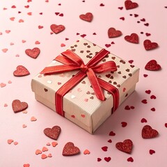 Valentine&rsquo;s Day gift box with red ribbon surrounded by heart confetti on soft pink background.