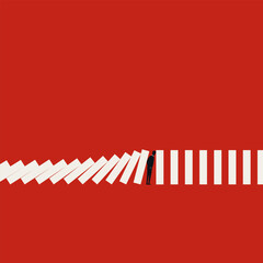 A minimalist business vector concept illustration of a silhouette figure using his body to halt a row of falling white blocks, symbolizing resilience and stopping economic collapse.