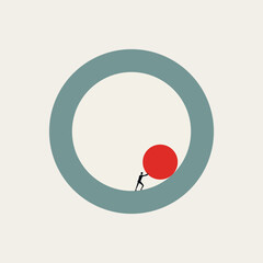 Silhouette figure pushing a red ball inside a giant circular track, depicting repetitive tasks and corporate cycles of frustration. Minimalist business vector concept illustration.