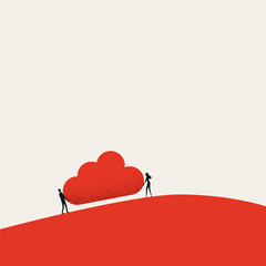 A minimalist business vector concept illustration of two professionals carrying a heavy red cloud shape up a slope, symbolizing joint effort, shared vision, and common objectives.