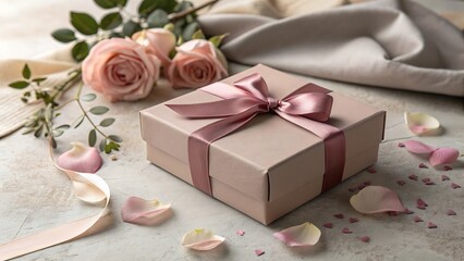 Beautiful pink roses and gift box for romantic celebration or anniversary surprise