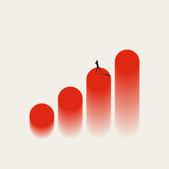 A minimalist business vector concept illustration showing a woman walking up red rounded bar chart columns, symbolizing career progression, financial success, and reaching professional goals.