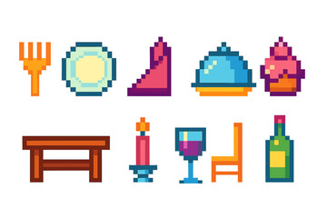 Dining and hospitality pixel icon set. Retro, kitchen, pixelated, meal icons collection.
