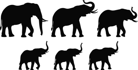 Elephant silhouette vector set, African wildlife animal walking poses, nature illustration isolated on white background