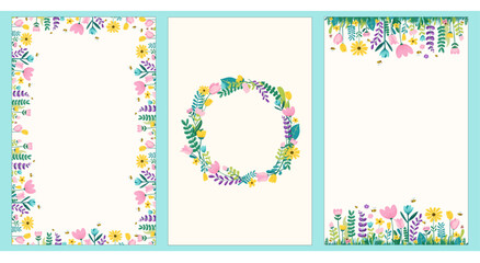 Set of three spring floral greeting cards with decorative borders and wreath. Fresh hand-drawn vector design with copy space, perfect for invitations, stationery, branding, and seasonal greetings
