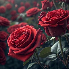 Cluster of red roses with lush green leaves in the background, celebrating Valentine's Day 14 February, Close up of fresh red roses in full bloom, romantic floral background symbol of love and passion
