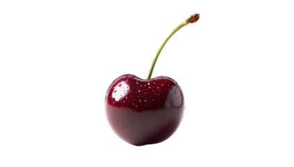 A single, shiny, dark red cherry with a green stem and small water droplets against black