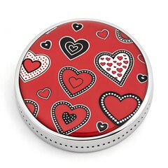 Round tin box with red and black heart pattern, Valentine&rsquo;s Day love themed container isolated on white background.