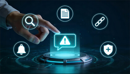 Hand activating cyber alert notification dashboard with warning message bubble and icons for search documents monitoring security protection and incident response management