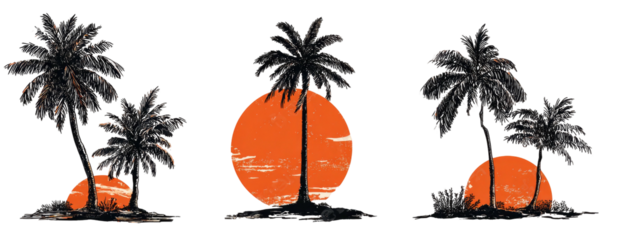 Silhouetted palm trees against orange sunset with black background, island landscape