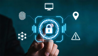 Business hand touching secure access interface with padlock biometric fingerprint and location icons for cybersecurity authentication identity verification and data protection