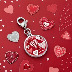 Circle shape silver keychain with the beautiful red heart, on the red heart background,  love and romance to celebrate Valentine's Day 14  February, Ideal for expressions of love and fashion elegance.