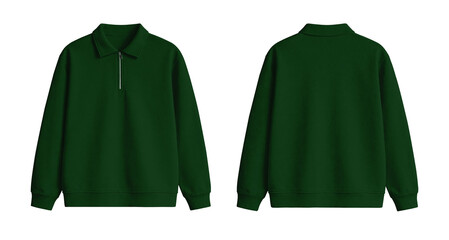Blank Dark Green Quarter Zip Polo Sweatshirt Mockup Front and Back Isolated on Transparent Background © Drip
