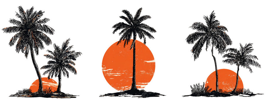 Silhouetted palm trees against orange sunset with black background, island landscape - Powered by Adobe