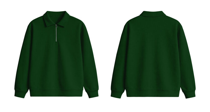 Blank Dark Green Quarter Zip Polo Sweatshirt Mockup Front and Back Isolated on Transparent Background