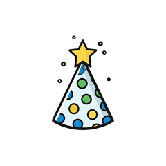 Cartoon party hat with colorful polka dots, topped with a yellow star on a black background
