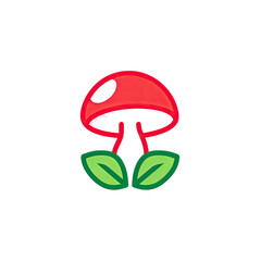 A stylized cartoon illustration of a red mushroom with two green leaves, set against black background