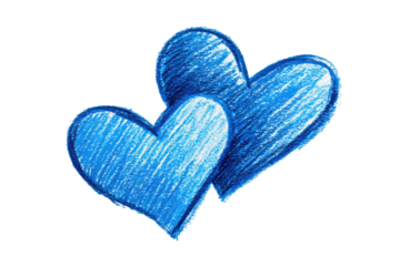 Two hand-drawn blue hearts overlapping, rendered with shading and texture, against a black background