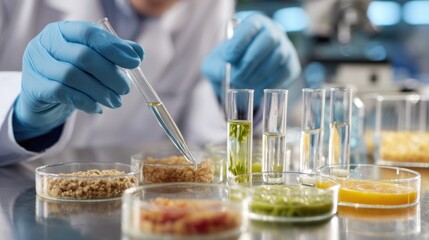 Hands of a food scientist mixing experimental food samples in test tubes and petri dishes highlighting the scientific approach to food formulation and preservation.