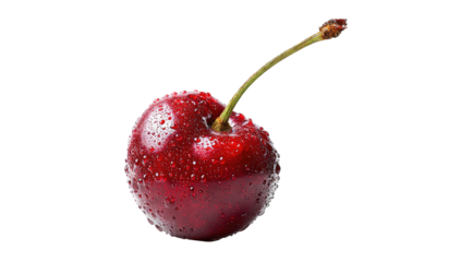 Close-up of a single, vibrant red cherry with a green stem against a stark black backdrop