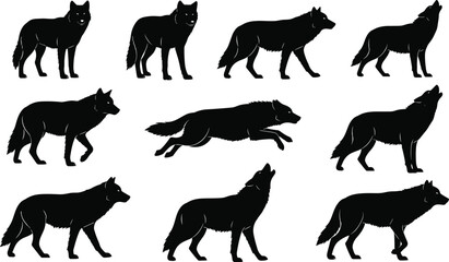 Wolf silhouette vector set, wild animal walking running poses, forest wildlife illustration isolated on white background