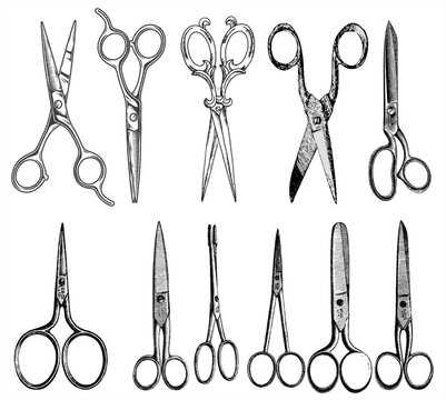 Collection of vintage scissors illustrations in black and white, featuring sewing, barber, and craft cutting tools with detailed retro style, perfect for design, print, and graphic resources