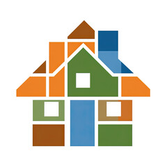 Colorful, abstract illustration of a house built from geometric shapes