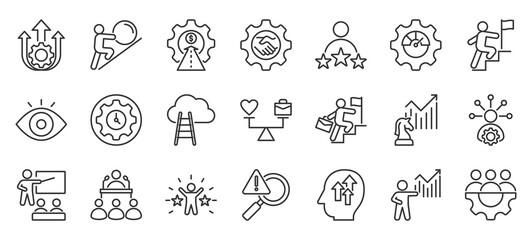 Fototapeta premium career development outline icon pack collection of career, development, business, growth, success, achievement, leadership, motivation, job, strategy icon