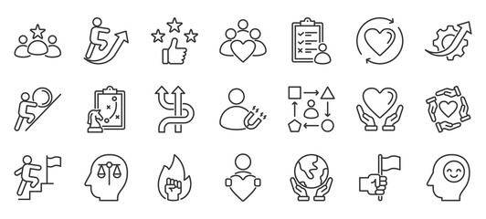 Fototapeta na wymiar core values outline icon pack collection of core, business, integrity, trust, mission, value, success, responsibility, commitment, excellence icon