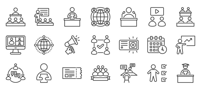 conference outline icon pack collection of conference, audience, event, seminar, professional, presentation, meeting, lecture, speaker, workshop icon