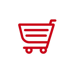 A red shopping cart icon, depicted in a simple, minimalist style, set against a black backdrop